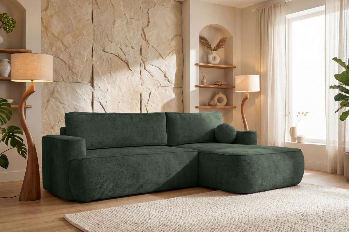 ECKSOFA Marion mit Schlaffunktion & Bettkasten in Chenille Dunkelgrün, Rechts 267/154/83 cm - Dunkelgrün/Schwarz, Kunststoff/Textil (267/154cm) - WFL GROUP