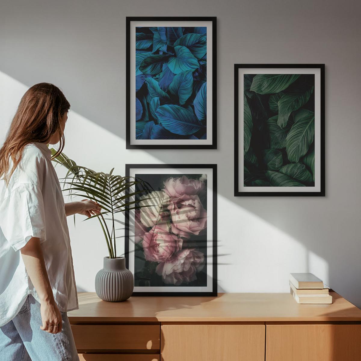 BILDER SET 3er Set - 40x60 cm Schwarzer Rahmen - Blätter, Blüten, verschiedene Farben - Schwarz, Kunststoff (40/60cm) - TULUP