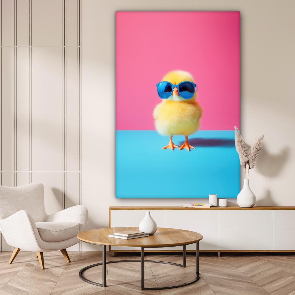 LEINWANDBILD Chick - Sonnenbrille - Blau Deko Groß 90x140 cm - Pink/Gelb, Textil (90/140cm) - MuchoWow