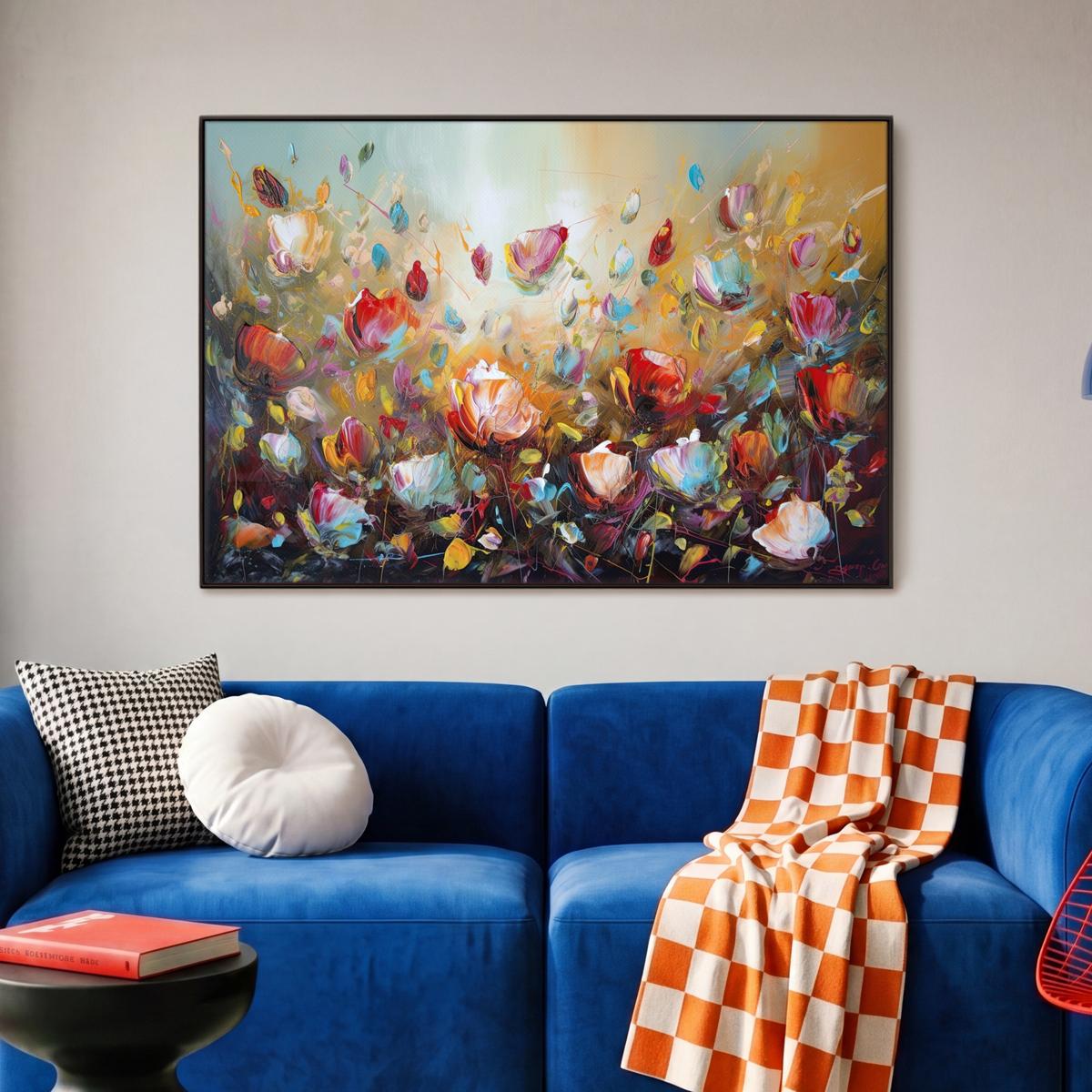 LEINWAND Bilder mit Rahmen - Blumen - Kunst - Natur - Ölgemälde - 90x60 - Multicolor, Textil (90/60cm) - MuchoWow