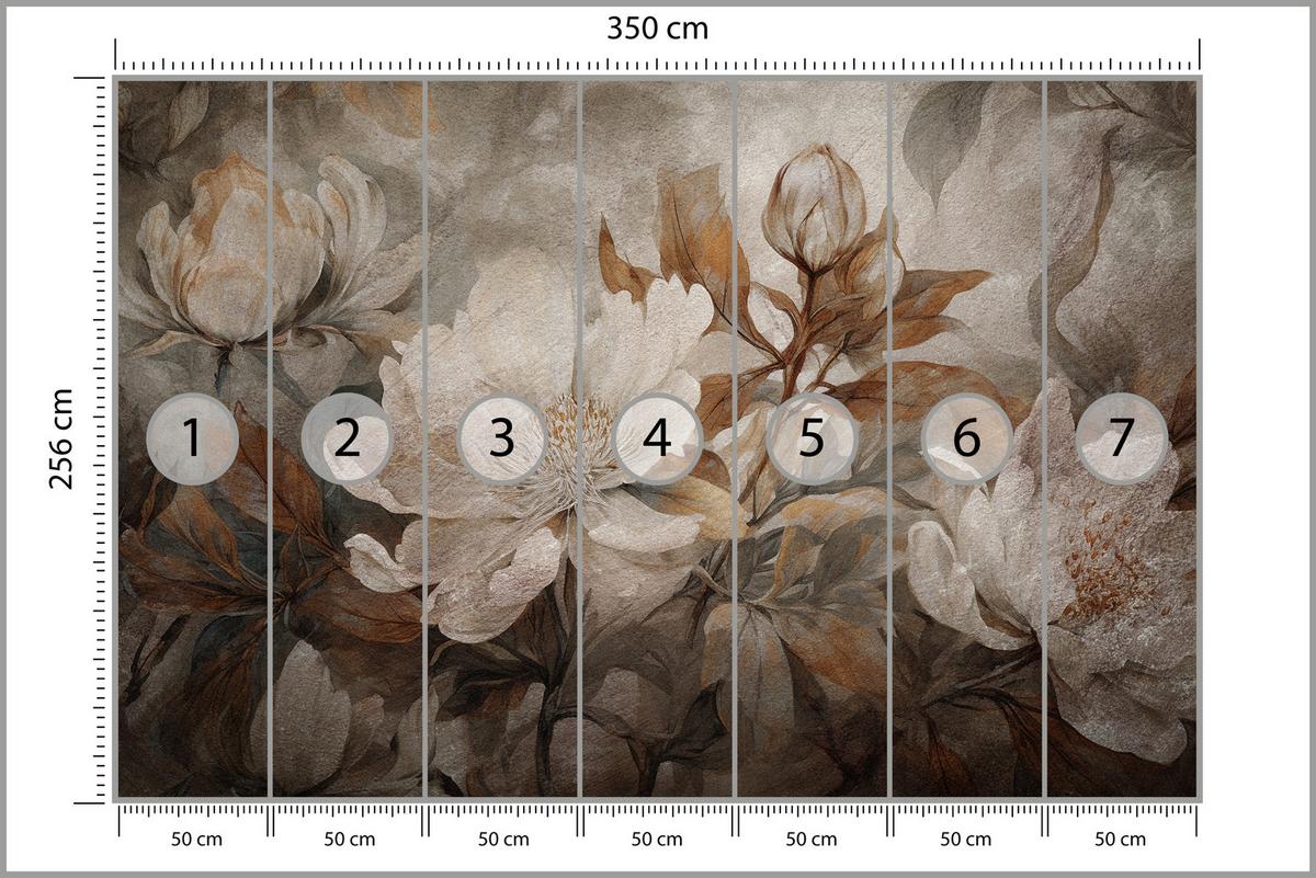 FOTOTAPETE für Wohnzimmer Blumen Blätter Pflanzen Natur Retro Stil 350x256 - Beige/Orange, Papier (350/256cm) - Muralo