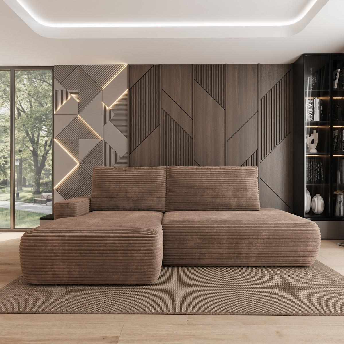 ECKSOFA AVINI T L-S Beige Kordstoff mit Schlaffunktion - Beige, Holzwerkstoff/Textil (277/160cm) - MASSENO