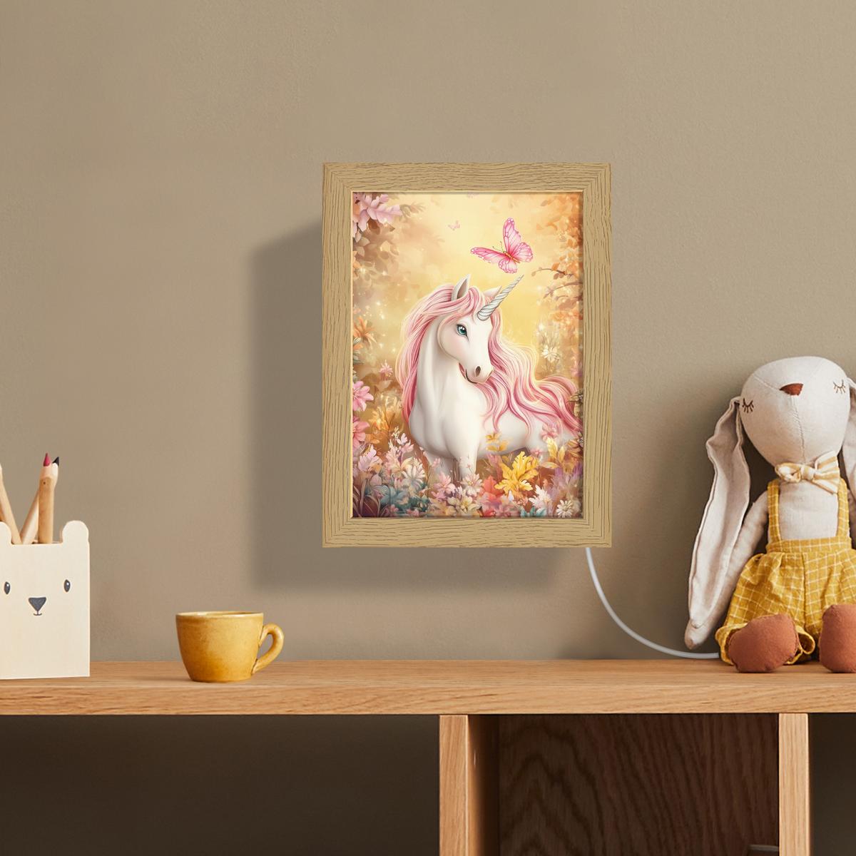 WANDLEUCHTE Einhorn - Blumen - Schmetterling - Rosa 15x20 cm - Beige, Holzwerkstoff (15/20/8cm) - OnlyWow