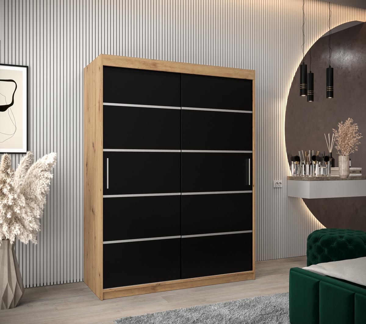 SCHWEBETÜRENSCHRANK 200/150/62 2-türig - Silberfarben/Schwarz, Holz/Kunststoff (150/200/62cm) - MÖBEL KRYSPOL