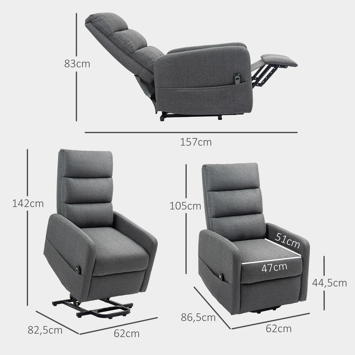 FERNSEHSESSEL mit Aufstehhilfe Elektrisch Relaxsessel mit Fußteil, Dunkelgrau - Dunkelgrau/Schwarz, Textil/Metall (62/105/86.5cm) - HOMCOM