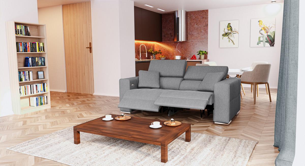 SOFA QUARTZ 3-Sitzer mit 2 Relaxfunktionen, grau - Silberfarben/Grau, Holzwerkstoff/Textil (204/80/102cm) - Wozimo