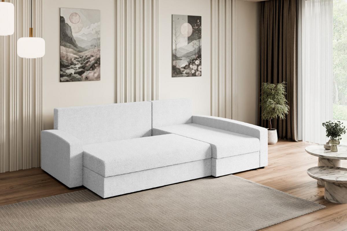 ECKSOFA mit Schlaffunktion und Bettkasten ALESIA-L 231x140x90 cm Weiß Bouclé - Silberfarben/Weiß, Holzwerkstoff/Kunststoff (231/140cm) - ALTDECOR