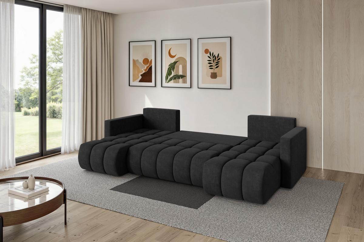 WOHNLANDSCHAFT mit Schlaffunktion und Bettkasten GARD-U 300x146x85 Schwarz Velours - Schwarz, Holzwerkstoff/Kunststoff (300/85/146cm) - ALTDECOR