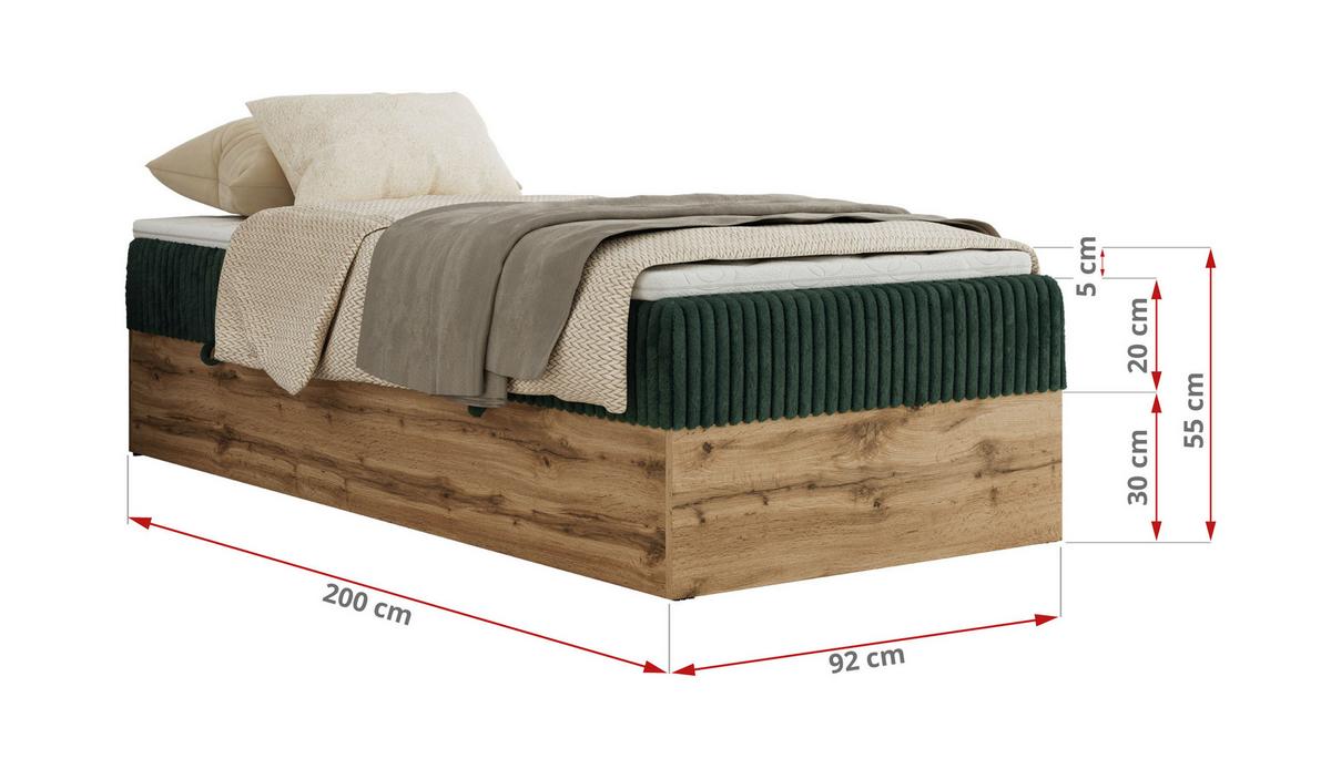 BOXBETT WOOD ZERO 90/200 - Dunkelgrün Cord - H3 - Topper Visco - Dunkelgrün, Textil (90/200cm) - MKS