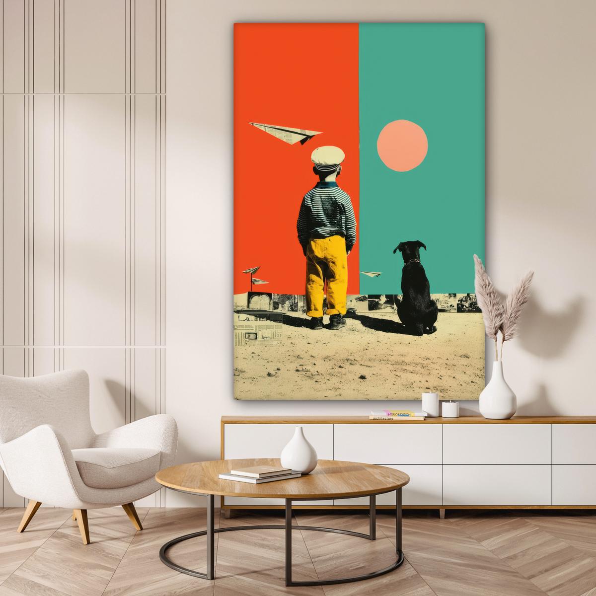 LEINWANDBILD Retro - Junge - Hund - Rot - Grün Deko Groß 90x140 cm - Orange, Textil (90/140cm) - MuchoWow