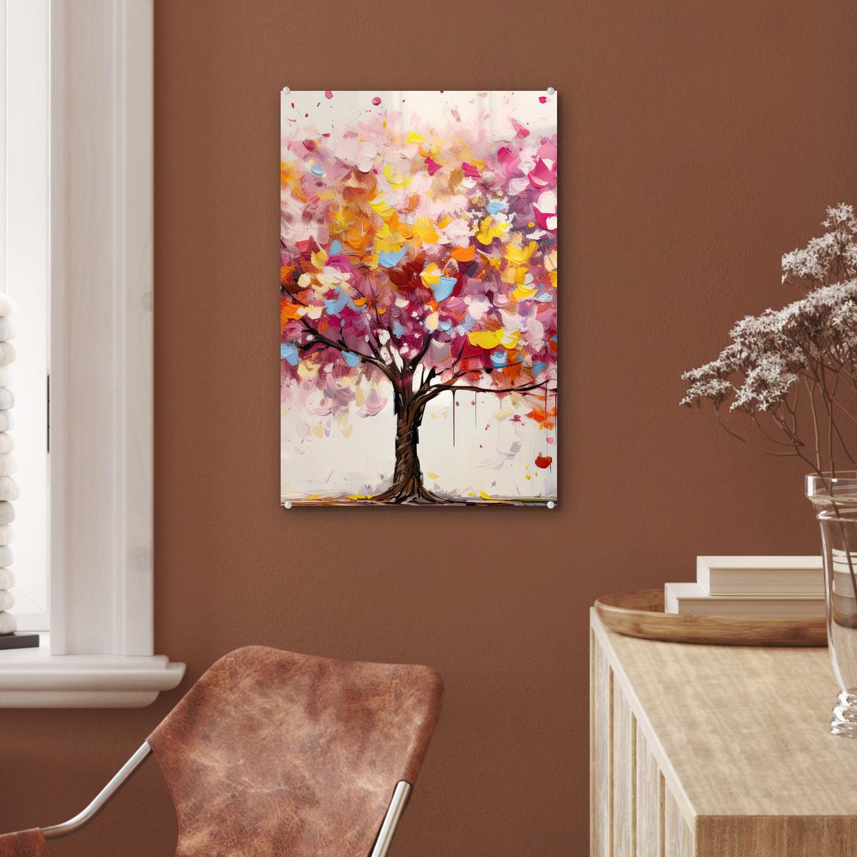 ACRYLGLASBILD Aquarell - Baum - Kunst - Abstrakt Wanddeko Wohnzimmer 40x60 cm - Multicolor, Glas (40/60cm) - MuchoWow