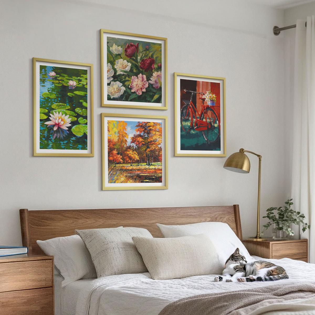 BILDER SET 4er Set - 50x50 cm & 40x60 cm Goldrahmen - Seerosen, Fahrradblumen - Goldfarben, Kunststoff (50/50cm) - TULUP