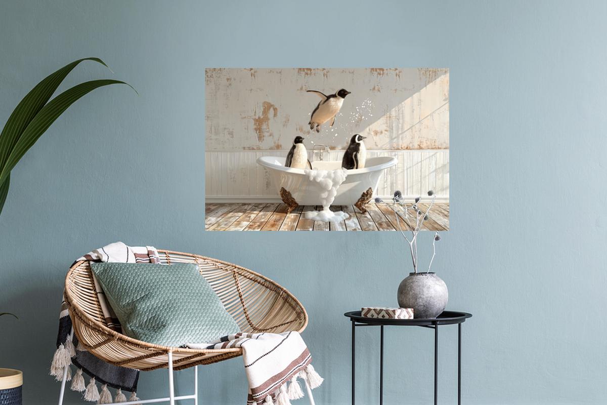 WANDTATTOO Vintage - Pinguin - Badewanne - Schaumstoff Deko Wohnzimmer 60x40 cm - Schwarz, Kunststoff (60/40/0.1cm) - MuchoWow