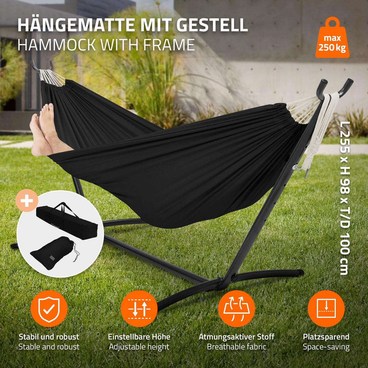 HÄNGEMATTE Doppel Schwarz mit Stahlgestell - Schwarz, Metall (99/98/255cm) - ML-DESIGN