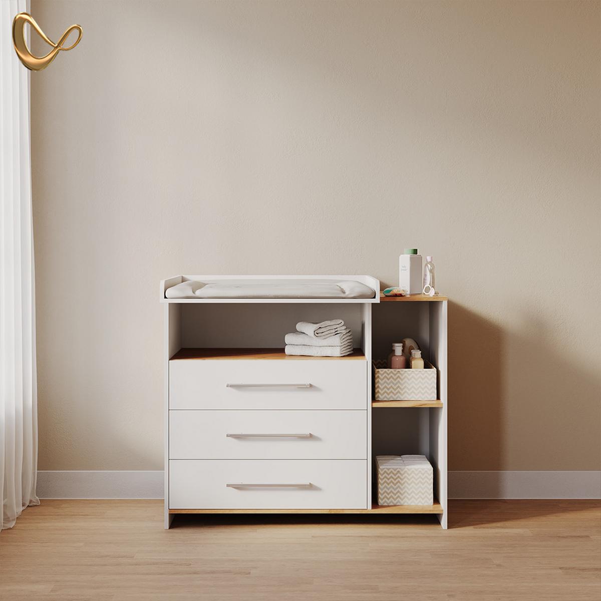 WICKELKOMMODE Torino Weiß/Goldkraft Eiche mit 3 Schubladen - Honigeiche/Weiß, Holzwerkstoff (113/93/53.1cm) - Livinity®