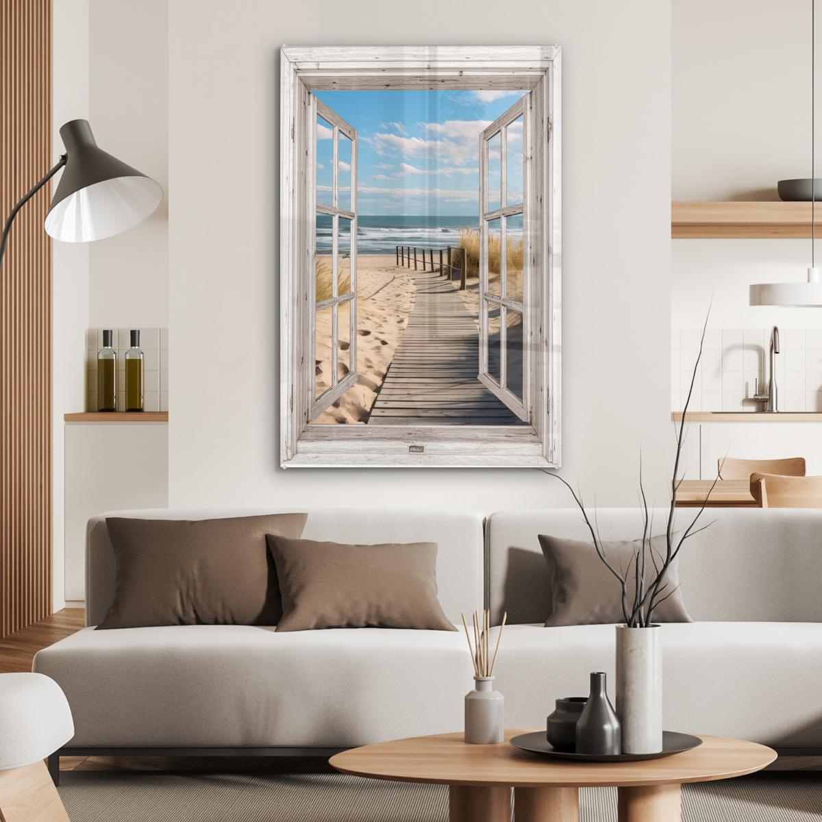 ACRYLGLASBILD Fenster - Meer - Küste - Natur - Ausblick - Strand - Wattenmeer 80x120 cm - Beige, Glas (80/120cm) - MuchoWow