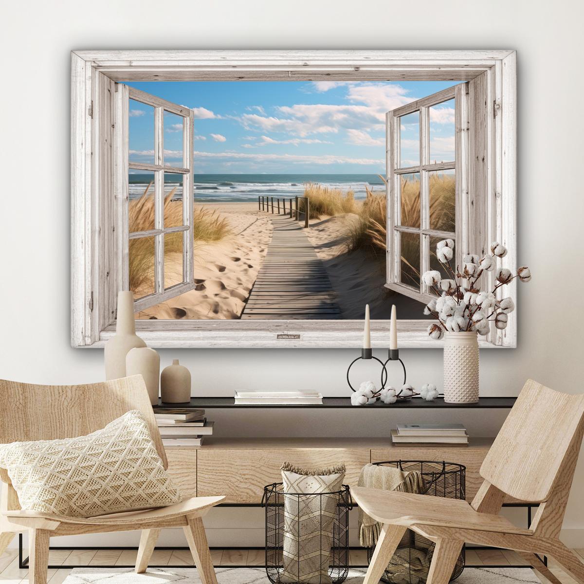 LEINWANDBILD Fenster - Meer - Küste - Natur - Ausblick - Strand - Wattenmeer Groß 140x90 cm - Beige, Textil (140/90cm) - MuchoWow