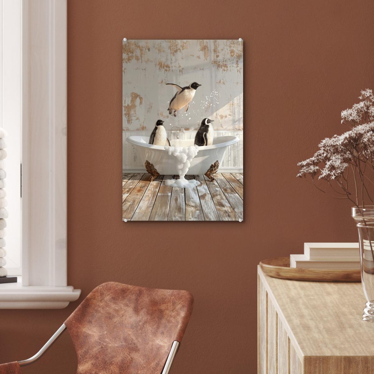 ACRYLGLASBILD Vintage - Pinguin - Badewanne - Schaumstoff Wanddeko Wohnzimmer 40x60 cm - Schwarz, Glas (40/60cm) - MuchoWow
