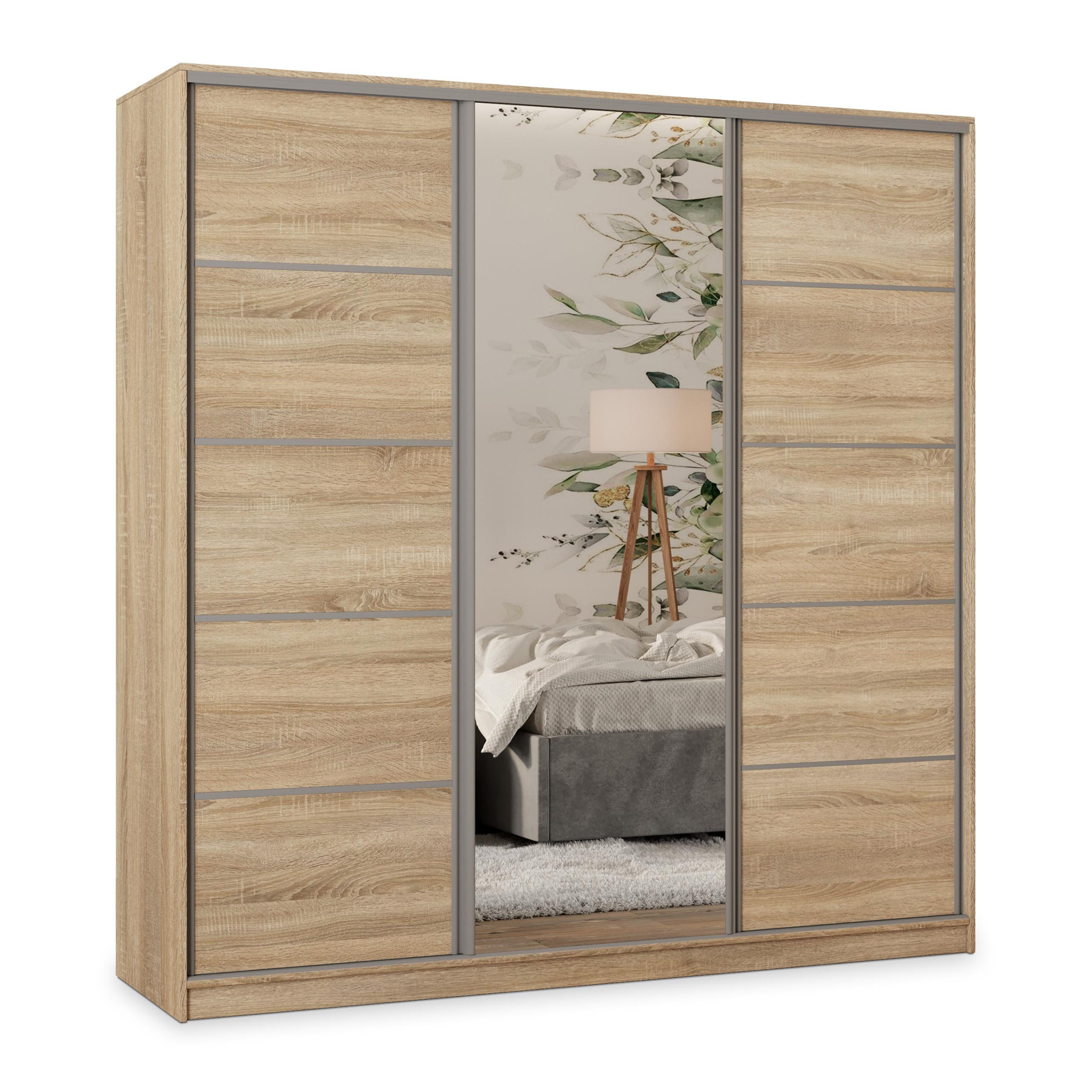 SCHWEBETÜRENSCHRANK PINA 200/205/58 cm 3-türig mit Spiegel und 4 Schubladen Sonoma Eiche - Sonoma Eiche, Holzwerkstoff (200/205/58cm) - MASSENO