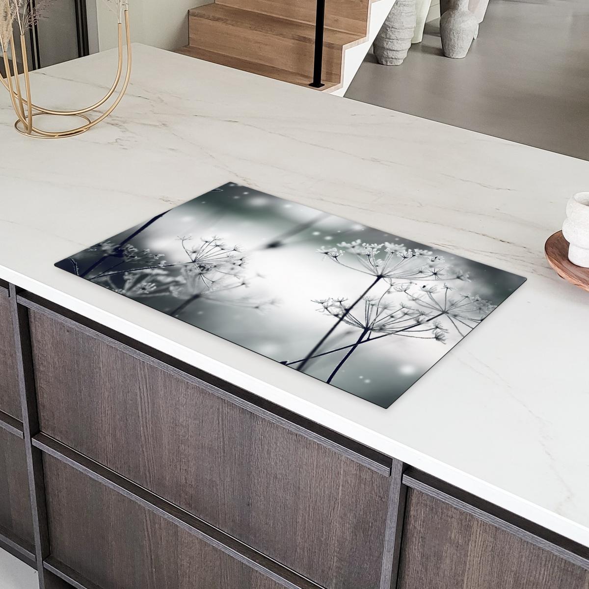HERDABDECKPLATTE Blumen - Winter - Schnee - Natur Ceranfeldabdeckung 85x52 cm - Grau, Kunststoff (85/52/0.2cm) - MuchoWow