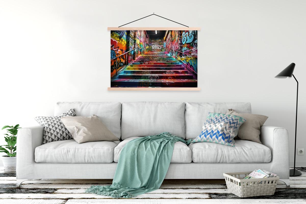 POSTER MIT MAGNETLEISTEN Treppe - Graffiti - Farben - Kunst Magnetleiste 120x80 cm - Multicolor, Textil (120/80/0.15cm) - MuchoWow