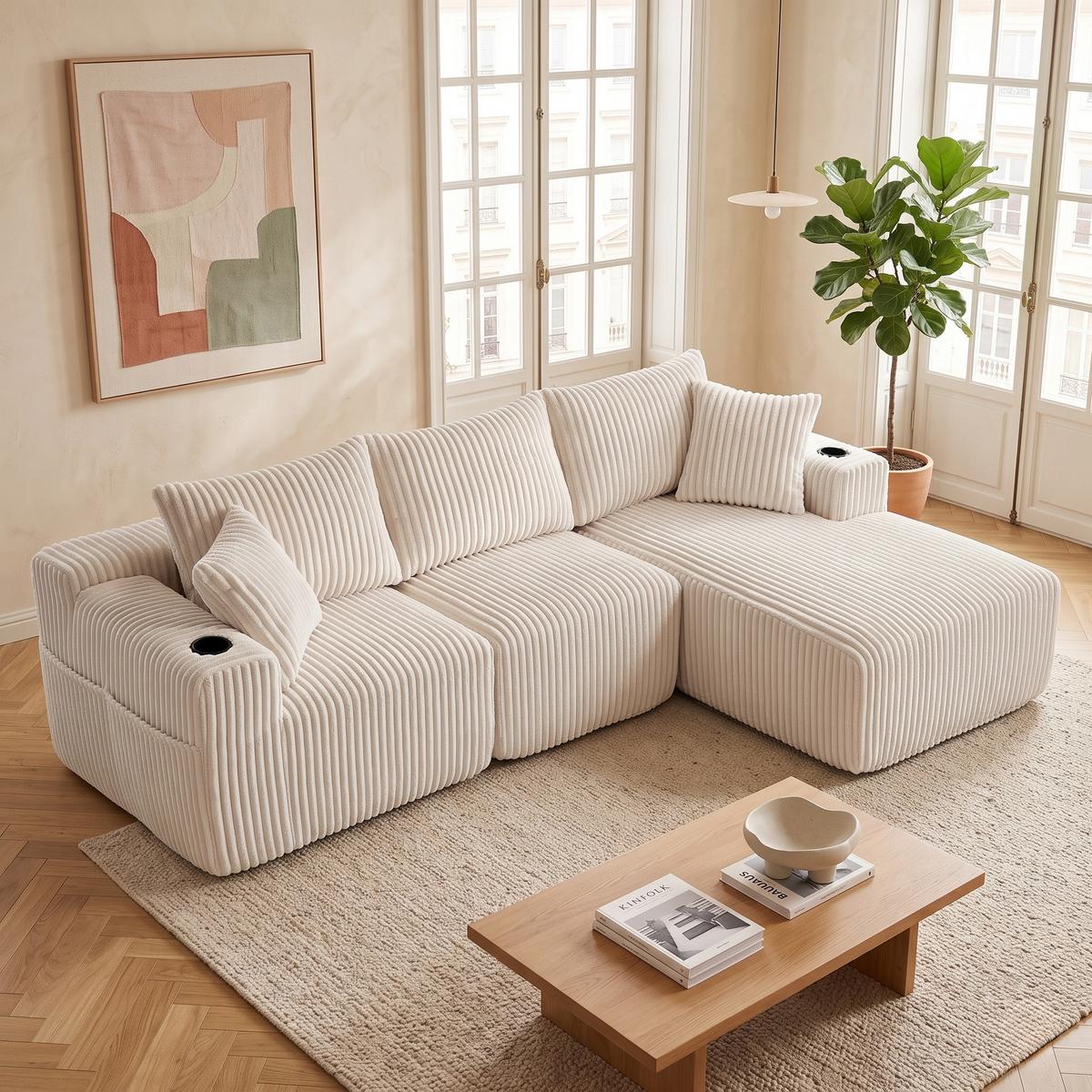 ECKSOFA mit Chaiselongue Cord - Beige, Textil (257/160cm) - Urban Meuble