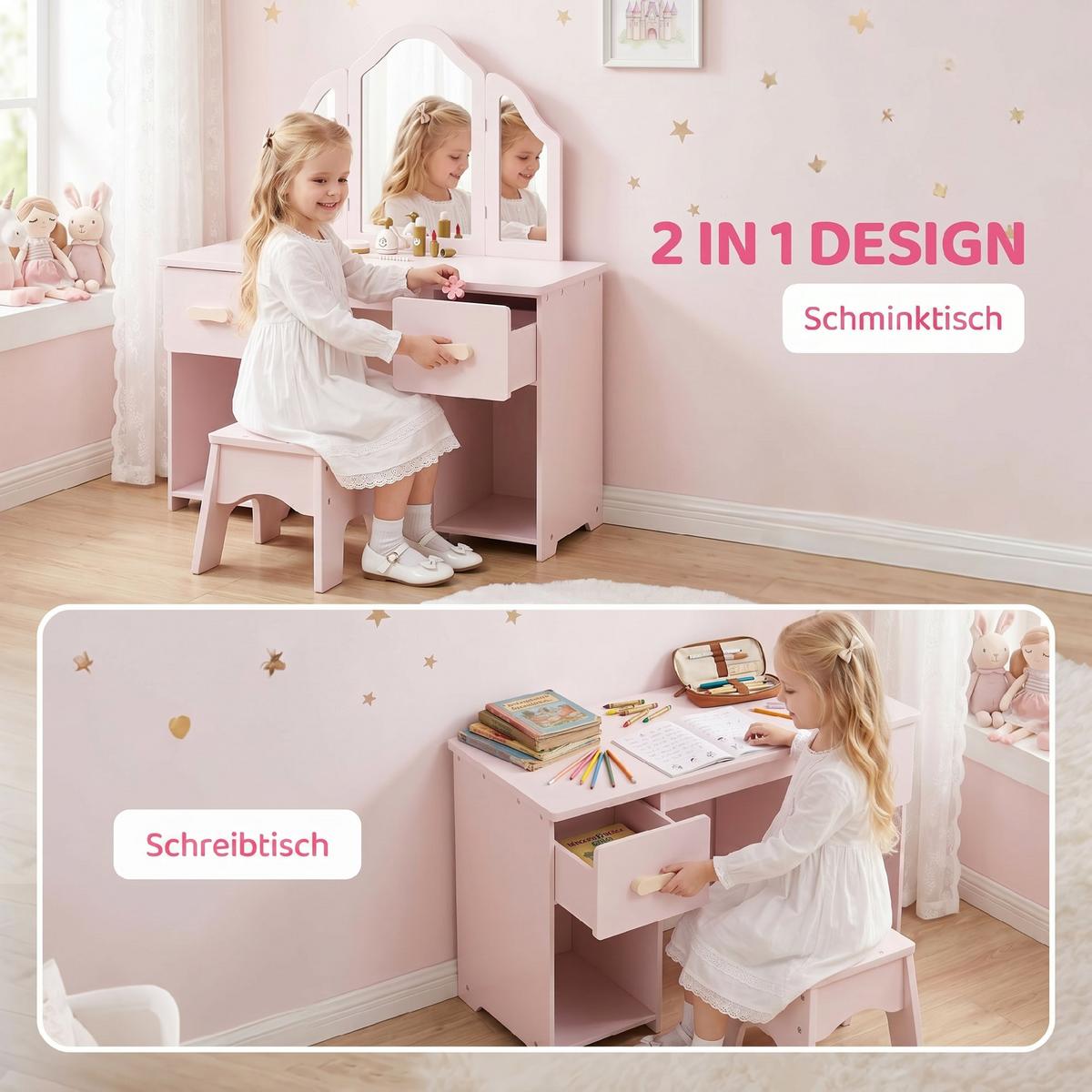 KINDERSCHMINKTISCH-SET MDF Acryl Rosa - Rosa/Naturfarben, Holzwerkstoff (33/90.7/79.5cm) - AIYAPLAY