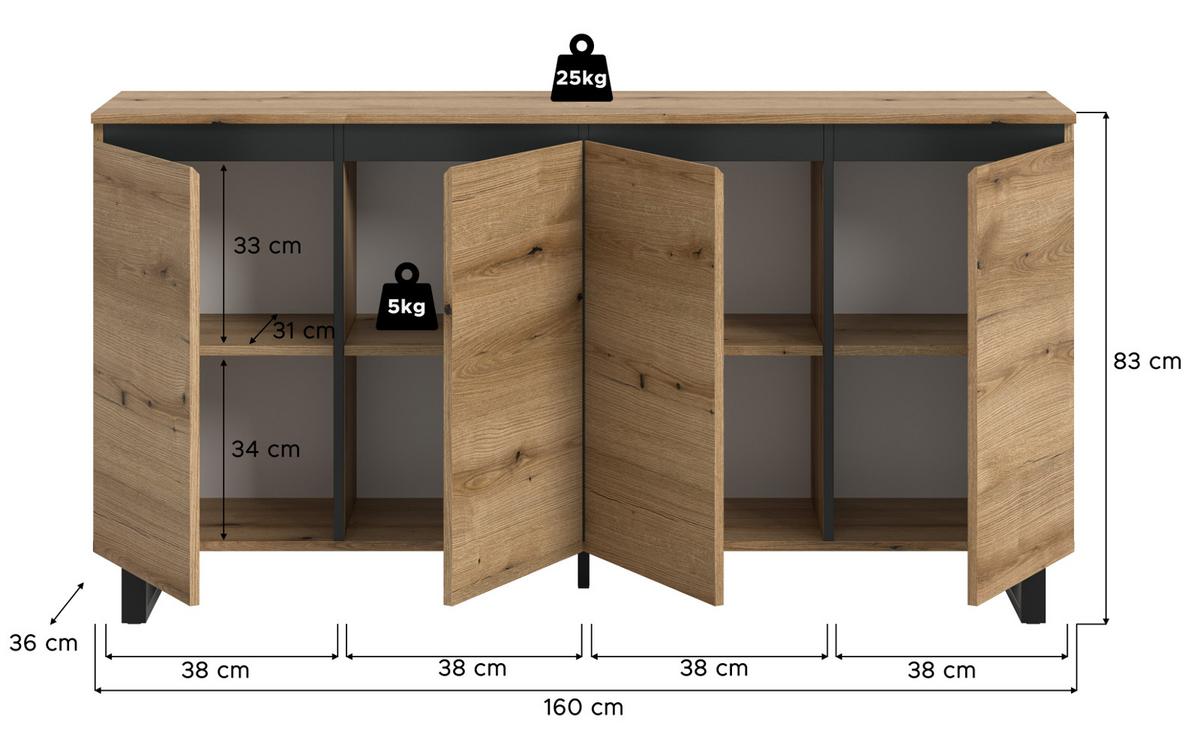 SIDEBOARD Evoke Eiche mit schwarz, Kommode 4-türig 160 x 84 cm mit Soft-Close - Eichefarben/Schwarz, Holz/Holzwerkstoff (160/84/36cm) - Inn.Furn