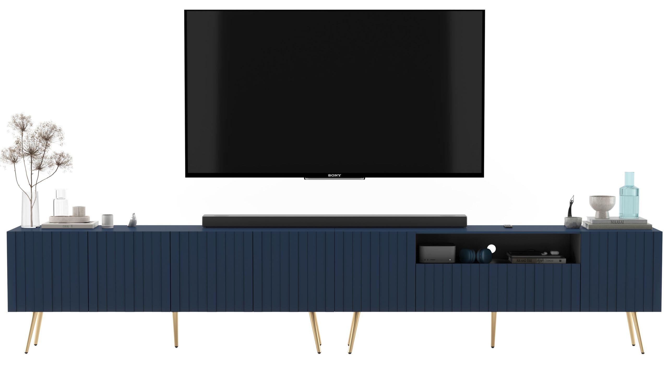 TV-LOWBOARD 2er-Set Elpis2 Marineblau mit goldenen Metallbeinen150 cm - Blau/Goldfarben, Holzwerkstoff (300/60.5/36.5cm) - Meble Lindner