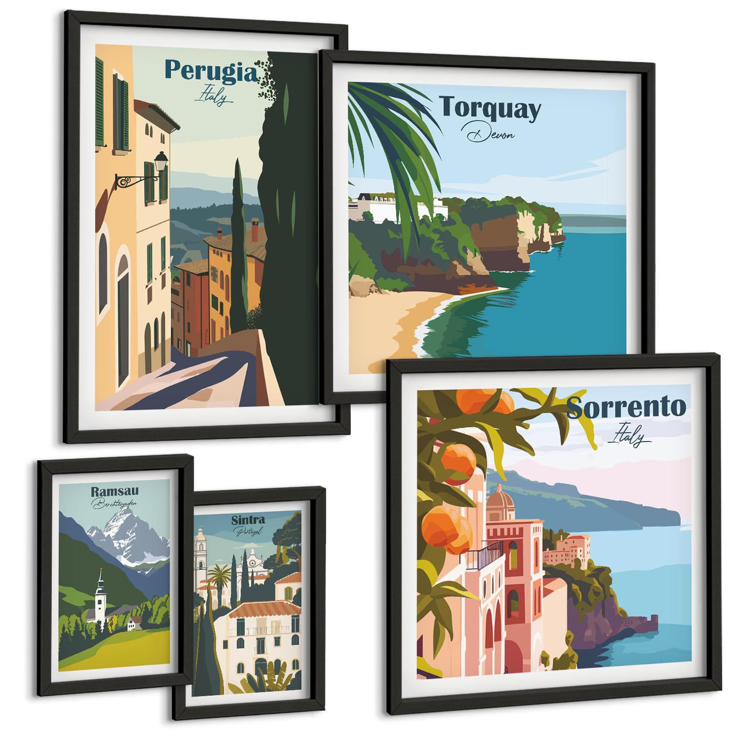 BILDER SET 5er Set - 50x50 cm & 20x30 cm & 40x60 cm Schwarzer Rahmen - Ansichten europäischer Häfen - Schwarz, Kunststoff (40/60cm) - TULUP