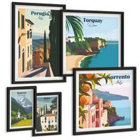 BILDER SET 5er Set - 50x50 cm & 20x30 cm & 40x60 cm Schwarzer Rahmen - Ansichten europäischer Häfen - Schwarz, Kunststoff (40/60cm) - TULUP