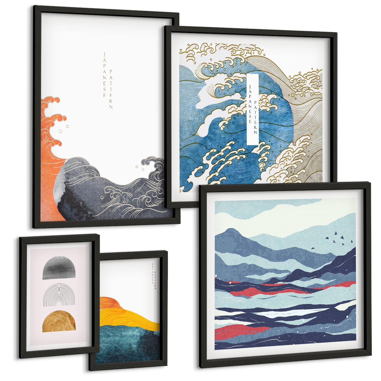 BILDER SET 5er Set - 50x50 cm & 20x30 cm & 40x60 cm Schwarzer Rahmen - Stilvolle moderne Blumen - Schwarz, Kunststoff (40/60cm) - TULUP