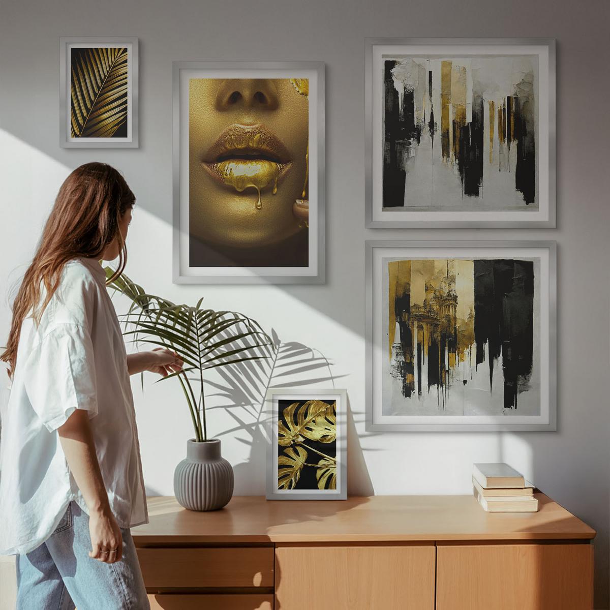 BILDER SET 5er Set - 50x50 cm & 20x30 cm & 40x60 cm Silberner Rahmen - Sonnenuntergangsbrücke Landschaft - Silberfarben, Kunststoff (40/60cm) - TULUP