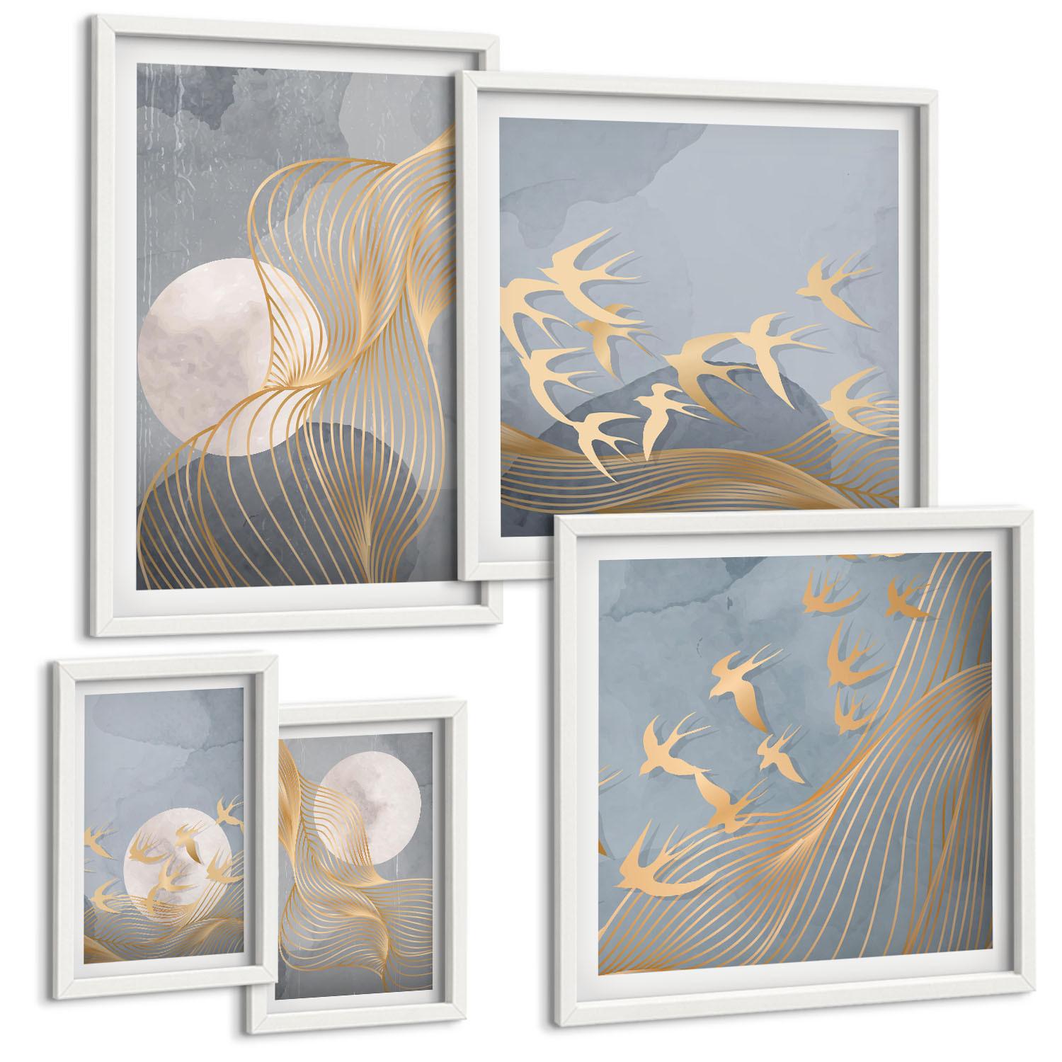 BILDER SET 5er Set - 50x50 cm & 20x30 cm & 40x60 cm Weißer Rahmen - Abstrakte Wellenkreise, grau - Weiß, Kunststoff (40/60cm) - TULUP