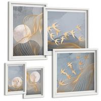 BILDER SET 5er Set - 50x50 cm & 20x30 cm & 40x60 cm Weißer Rahmen - Abstrakte Wellenkreise, grau - Weiß, Kunststoff (40/60cm) - TULUP