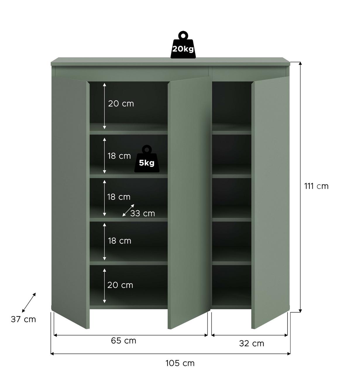 KOMMODE grün 105 x 11 cm, Anrichte mit 10 Fächern - Schwarz/Grün, Holzwerkstoff/Kunststoff (105/111/37cm) - Inn.Furn