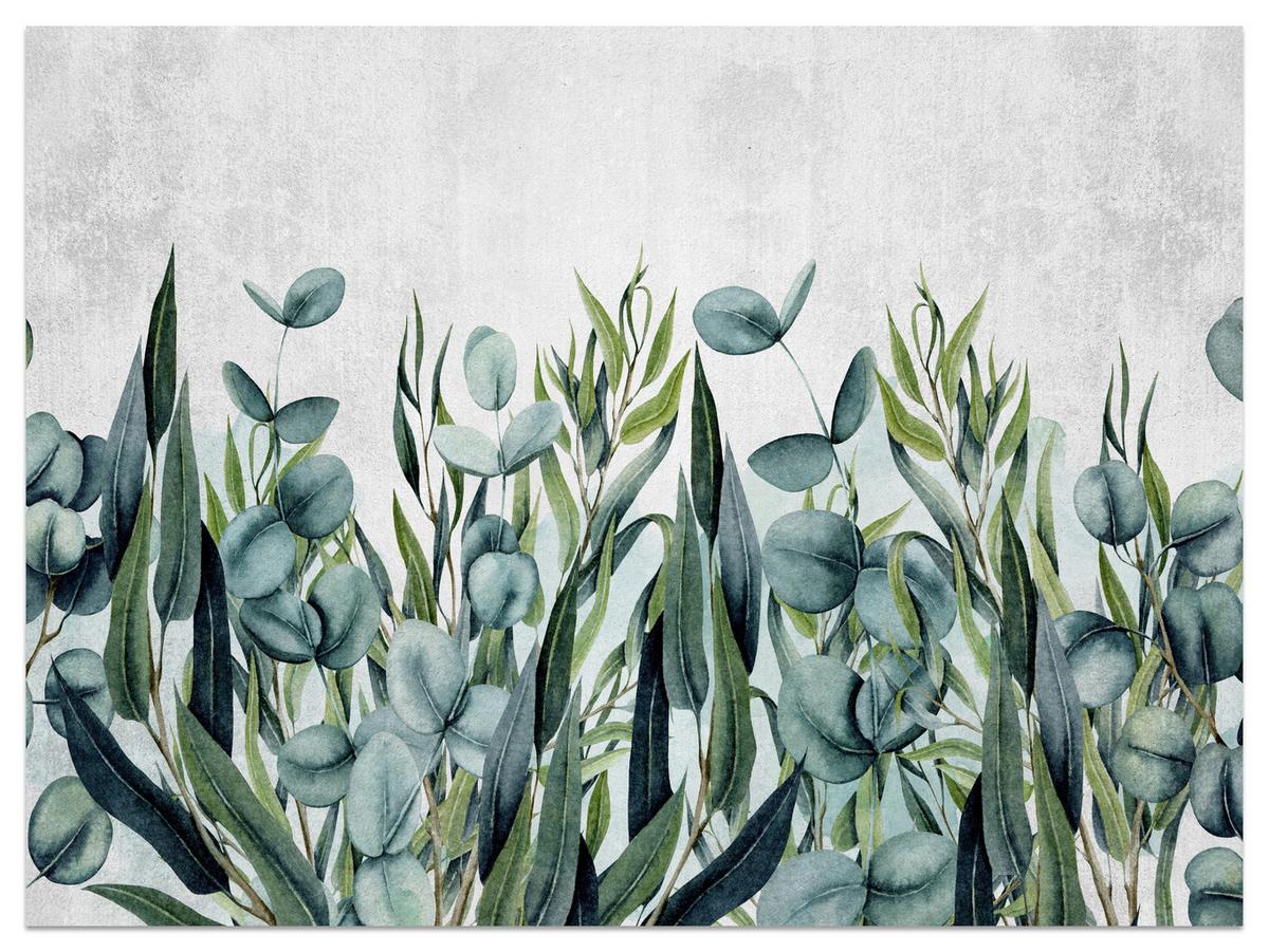 FOTOTAPETE für Wohnzimmer Blätter Beton Aquarell 400x280 - Grau/Grün, Papier (400/280cm) - Muralo