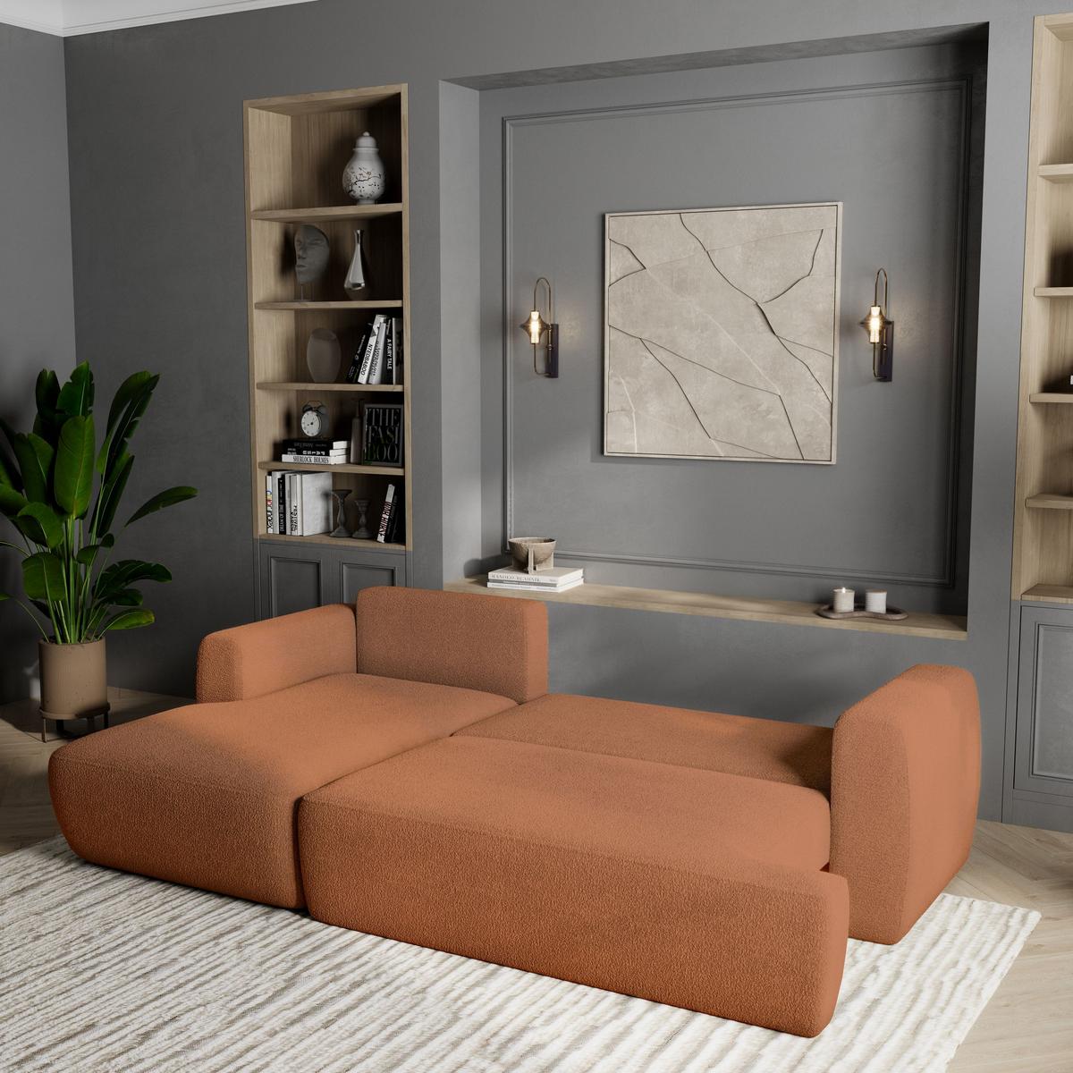 ECKSOFA SENTI N L-S Orange Boucle-Stoff mit Schlaffunktion - Schwarz/Orange, Holz/Kunststoff (246/148cm) - MASSENO