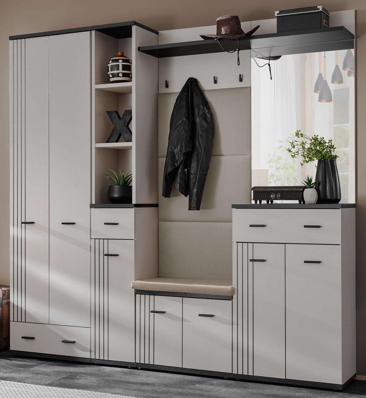 GARDEROBEN-SET Kaschmir, schwarz 6-teilig 210 cm, Flurgarderobe mit viel Stauraum - Kaschmir/Schwarz, Glas/Holzwerkstoff (210/203/32cm) - Inn.Furn