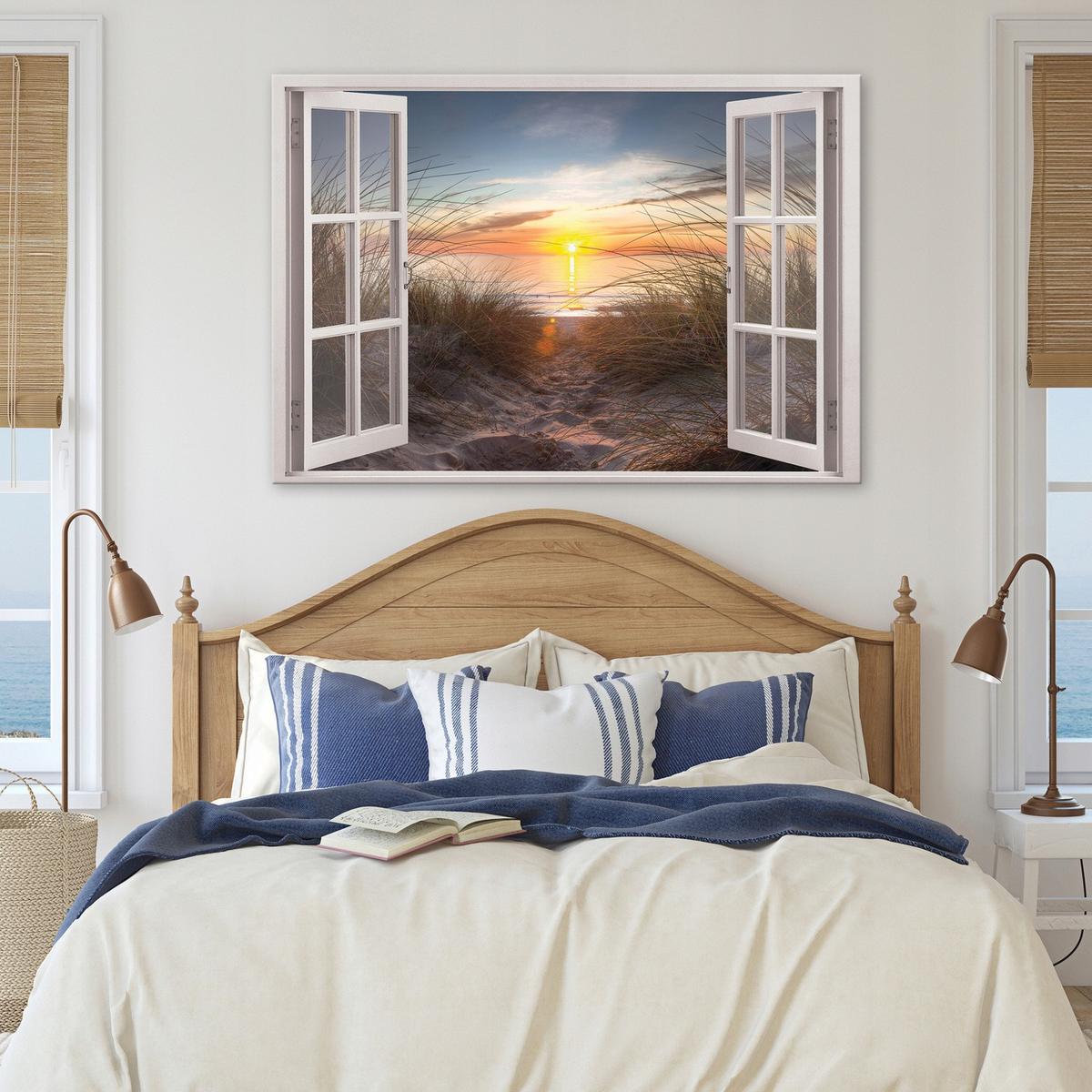 LEINWANDBILD Fenster Strand Meer Bilder 120x80 - Multicolor, Holzwerkstoff (120/80cm) - Wallarena