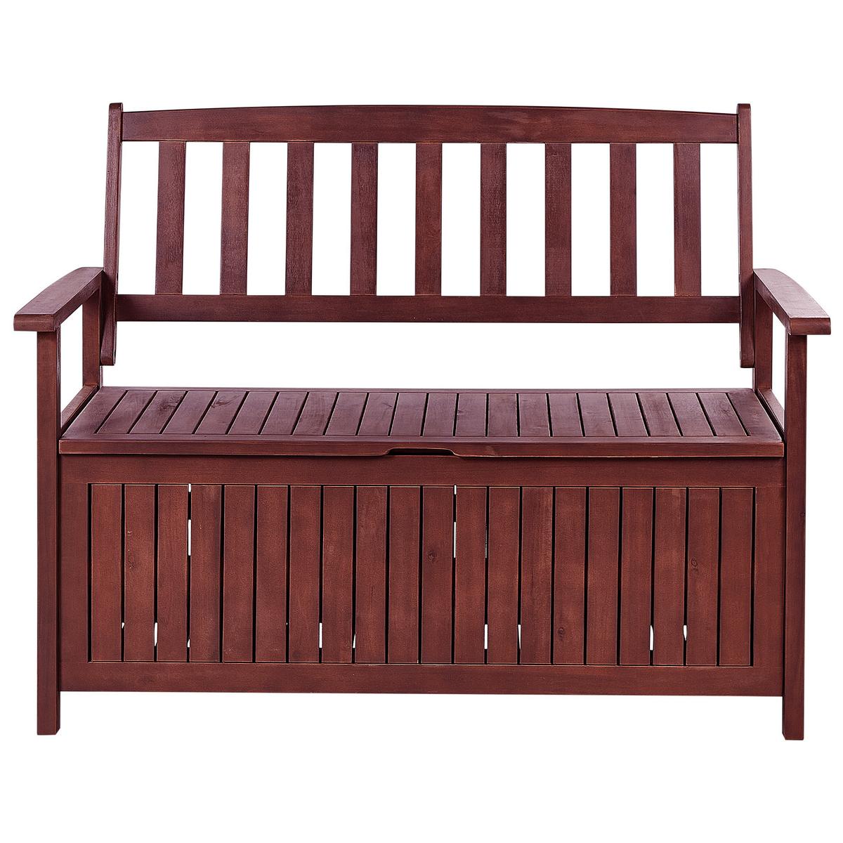 GARTENBANK Akazienholz mahagonibraun mit Stauraum Auflage hellgrau 120 cm Sovana - Dunkelbraun/Hellgrau, Holz (120/91/60cm) - Beliani