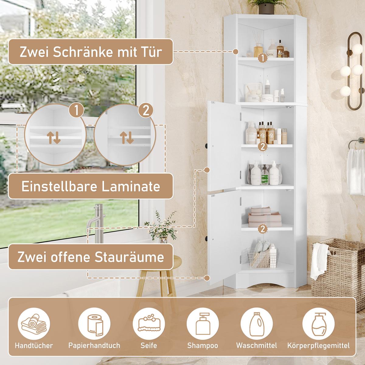 BADEZIMMER ECKSCHRANK Weiß 155cm mit 2 Türen & Offenen Ablagen - Weiß, Holzwerkstoff (51.7/155.4/32cm) - Urban Meuble