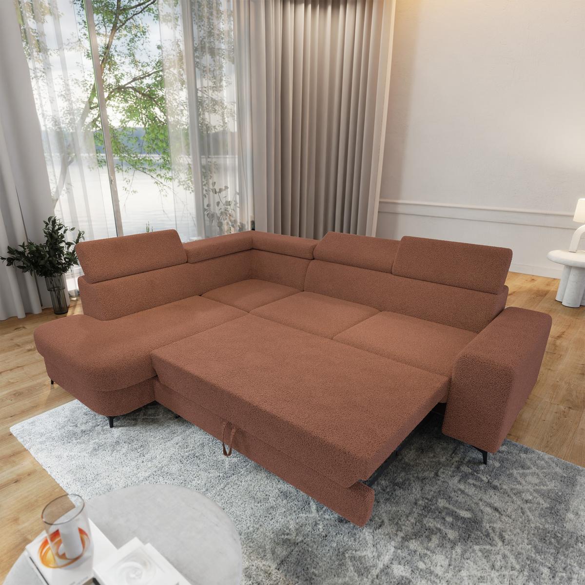 ECKSOFA ALVORO L-S Kupferfarben Boucle-Stoff mit Schlaffunktion - Kupferfarben, Holz (253/190cm) - MASSENO