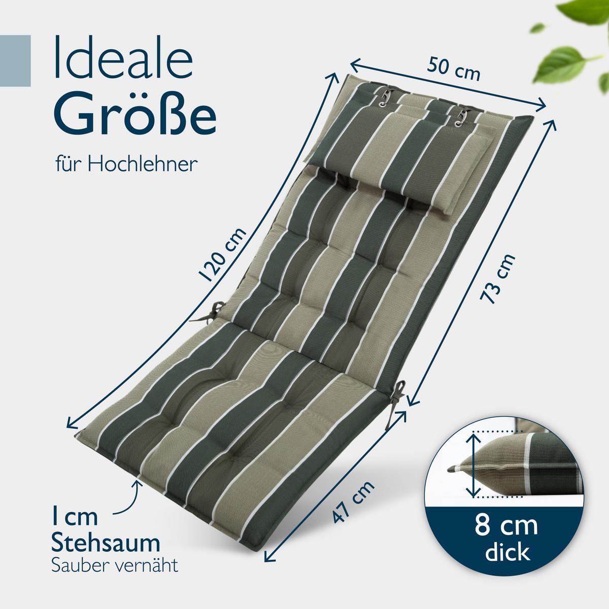 HOCHLEHNERAUFLAGE Sun-HL 119/50/8cm Grün-Gestreift - Multicolor, Textil (50/8/119cm) - Beautissu 