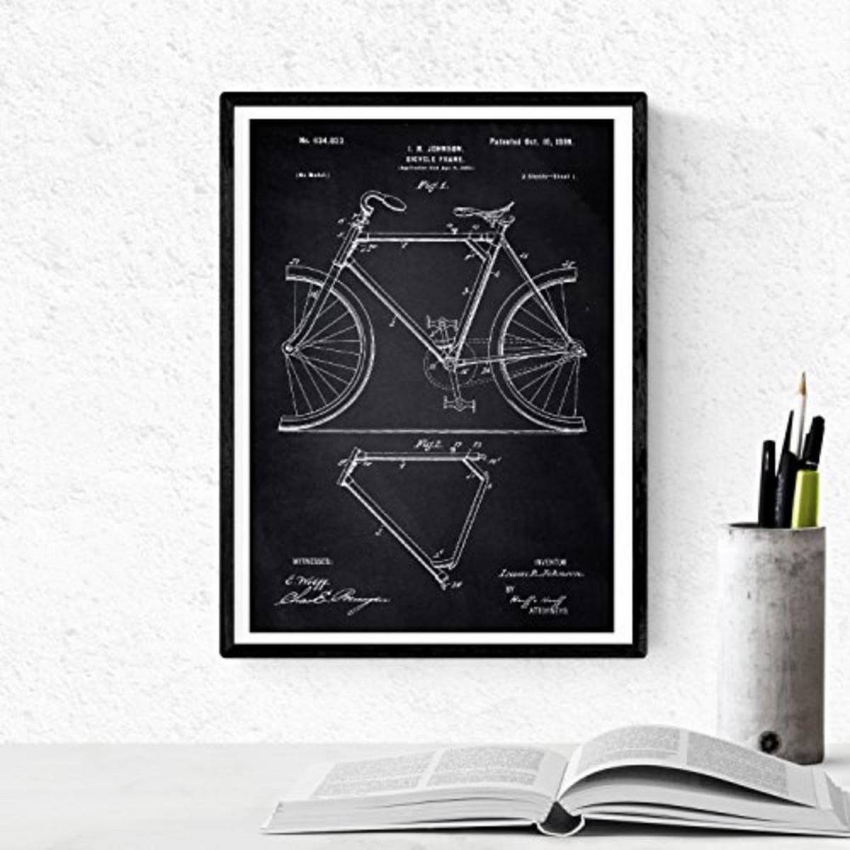 POSTER Set mit 4 Schwarz Fahrrad Patent Jahrgang Stil A4 Schwarzer Rahmen - Schwarz, Papier (29.7/3cm) - Nacnic