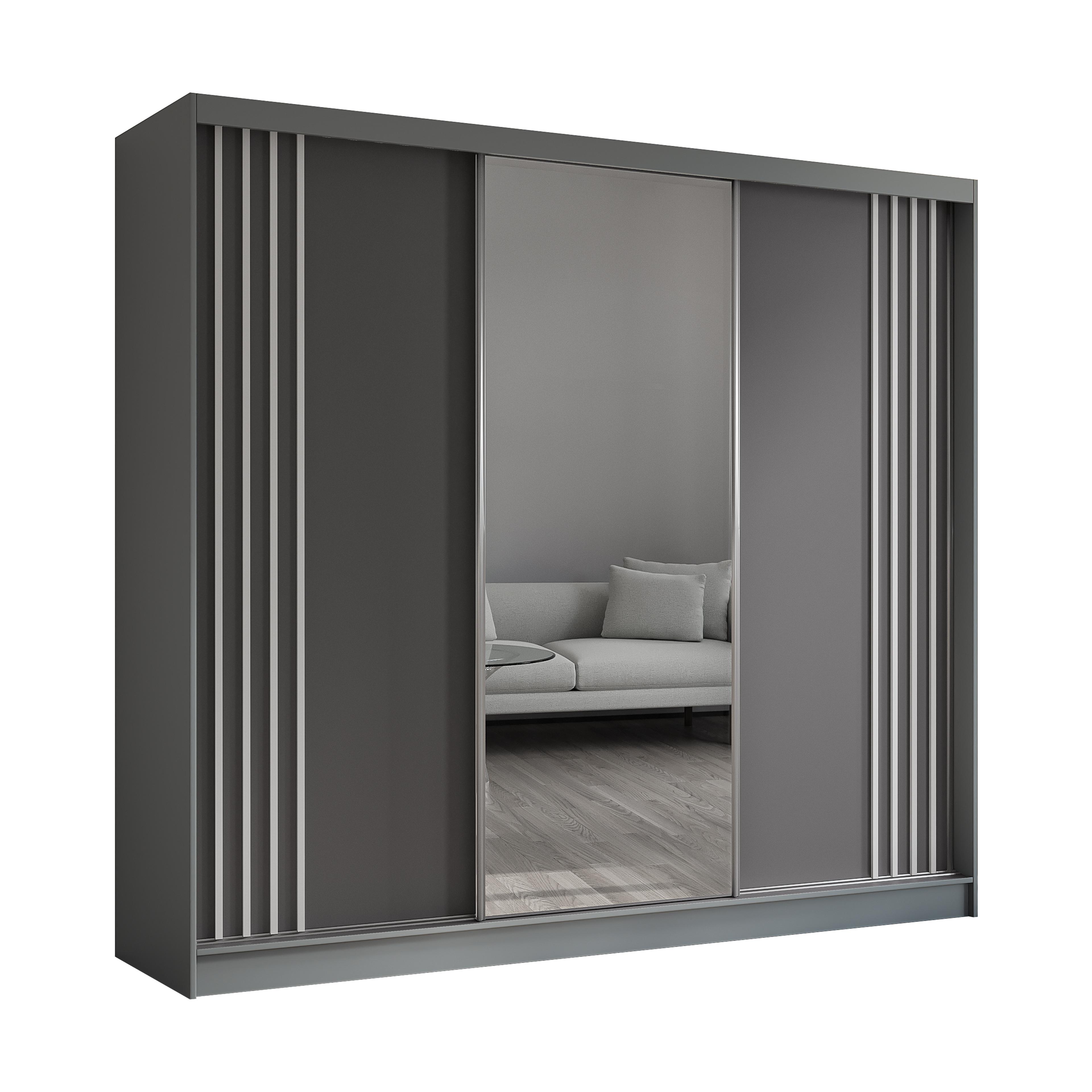 KLEIDERSCHRANK mit Spiegel-Schiebetüren und Aluminium-Leisten, LED-Beleuchtung - NALLA - 240 cm Grau+Grau+Weiß - Weiß/Grau, Holzwerkstoff (240/216/61cm) - ALTDECOR