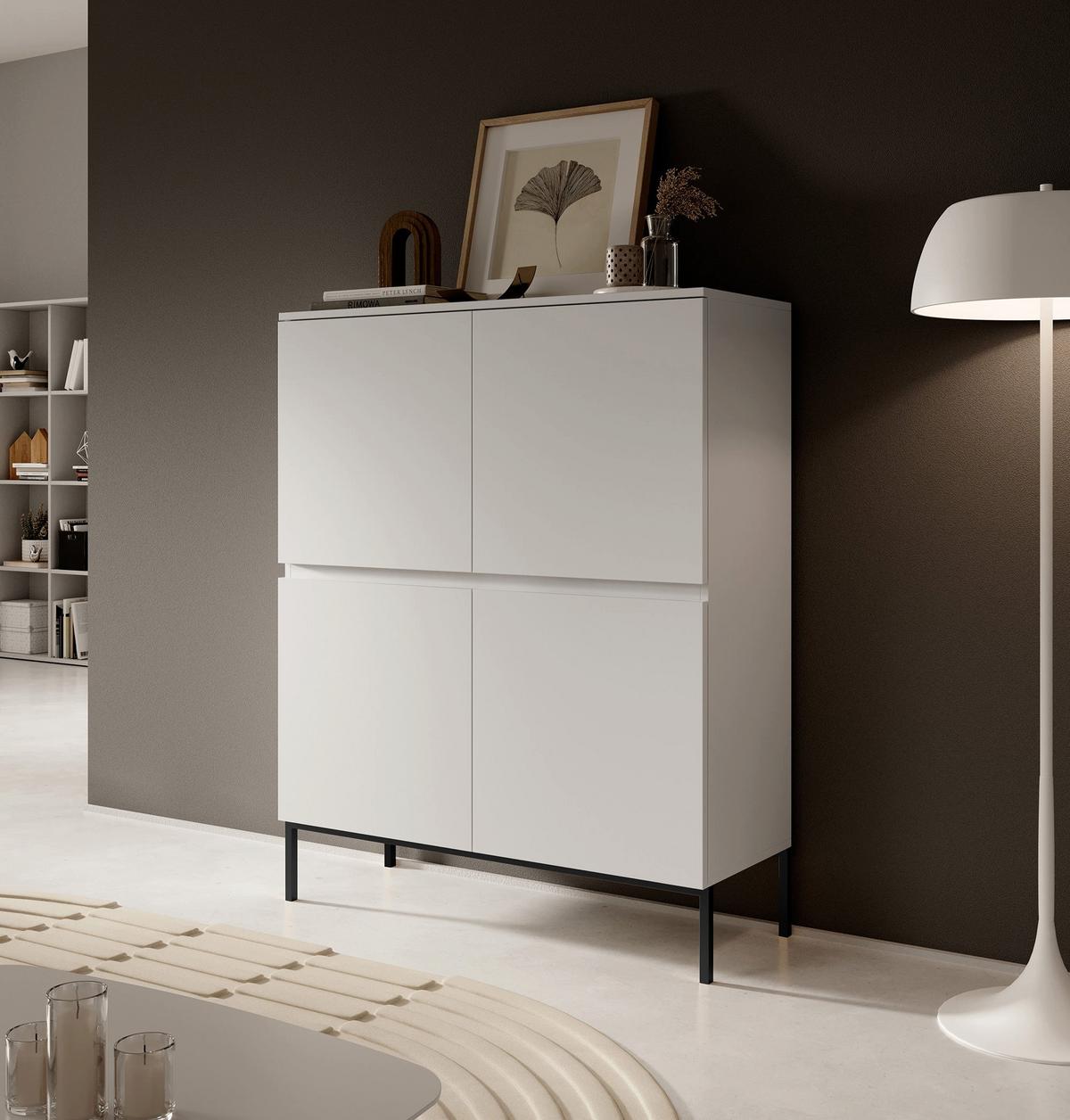 HIGHBOARD Bemmi Weiß mit schwarzen Beinen Hochkommode 4-türig 100 cm - Schwarz/Weiß, Holzwerkstoff/Metall (100/122/35cm) - Selsey