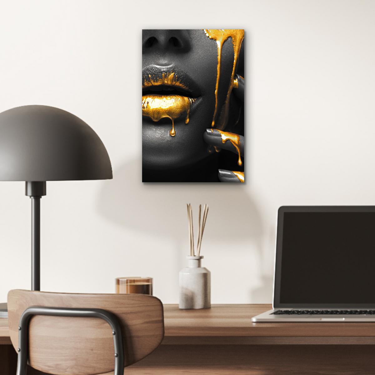 METALLBILD Frau - Schwarz - Gold - Gesicht - Lippen 20x30 cm - Goldfarben, Metall (20/30cm) - MuchoWow