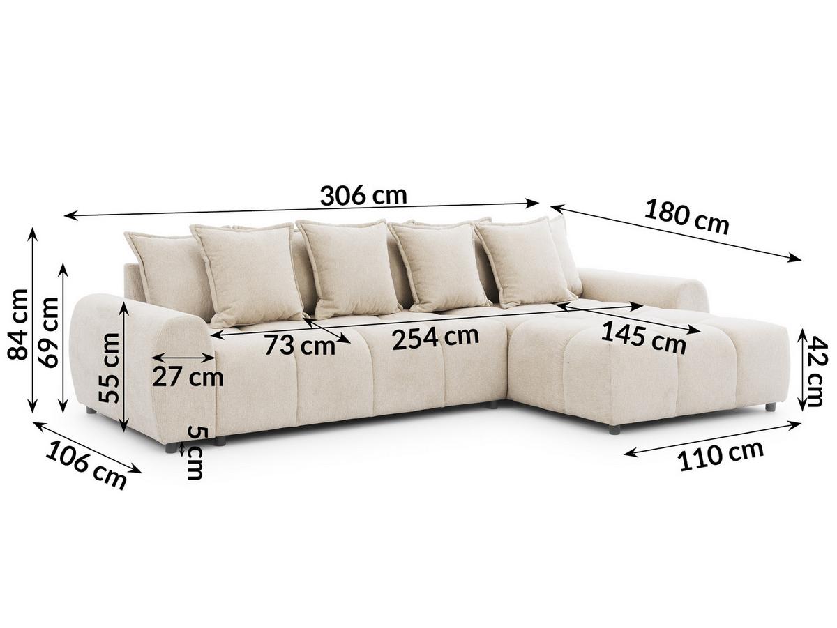 ECKSOFA Bubble mit losen Rückenkissen und Sitzfläche in Bubble-Optik aus weichem Hellbeige Strukturstoff mit schöner Sitzkomfort - Ottomane rechts - Beige/Schwarz, Holz/Kunststoff (306/180cm) - S-Style Möbel