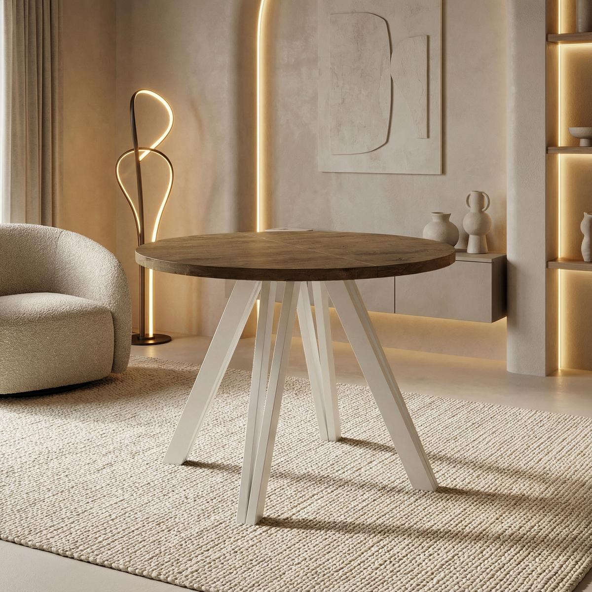 ESSTISCH Ravero runder ausziehbarer, Eiche Braun Rustikal 100-140/100/77 cm - Alteiche/Weiß, Holz/Holzwerkstoff (100/140/76.5cm) - WFL GROUP